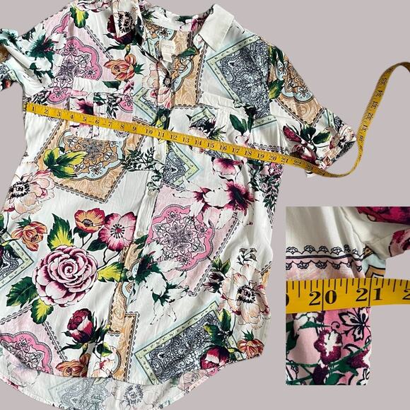 Chicos Size 2 Silky Soft Floral Tiles Tunic Chest Pockets Hi Lo Blouse Top - Picture 5 of 10